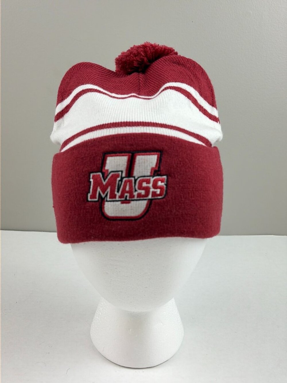 UMass Red & White Striped Knit Beanie Cap With Pom Pom OSFA University College